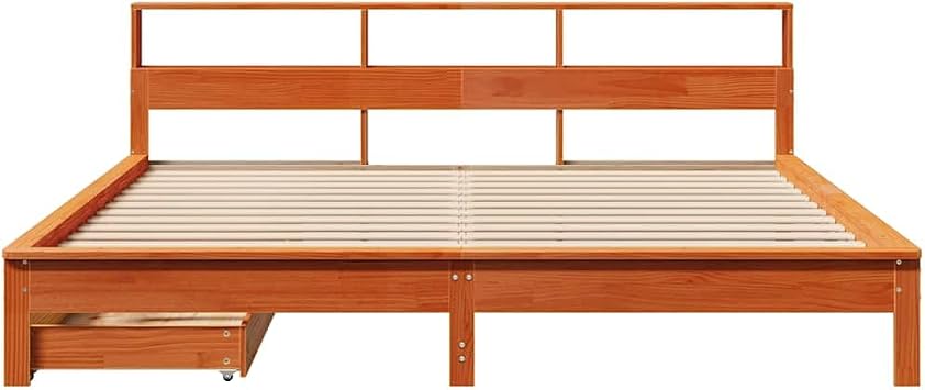 Super King Size Bed Frame with Storage Drawer and Headboard, Bookcase Bed Without Mattress in Wax Brown 180x200 cm Solid Wood Pine with Wheels