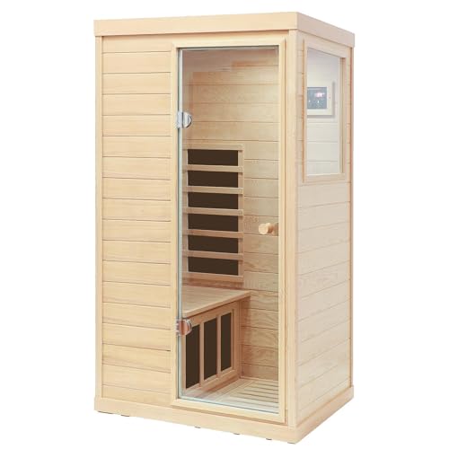 LTCCDSS Far Infrared Sauna, Canadian Hemlock Sauna for Home, 1 Person Indoor Sauna with 1050W, 6pcs Low EMF Heaters, 1 LED Reading Lamp, 2 Bluetooth Speakers Wood Sauna Room Right Door