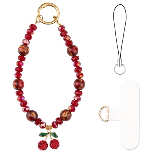HONZUEN Phone Charm Wrist Strap, Beaded Phone Bracelet Strap for Women, Wristlet Chain for Cellphone Camera, Red Cherry