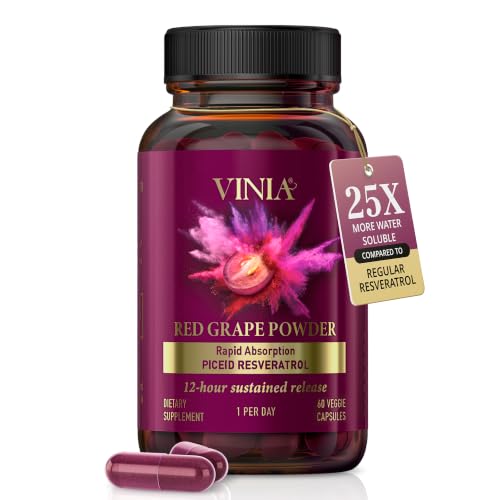 VINIA Piceid Resveratrol Supplement Capsules. Increases Blood Flow and Nitric Oxide. Blood Pressure and Heart Health Support | Antioxidant from Red Grapes | Non-GMO 60 Count