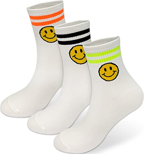 Happy Face Fun Design Positive Smile Quarter Socks with Neon Double Stripes for Women 3P Set