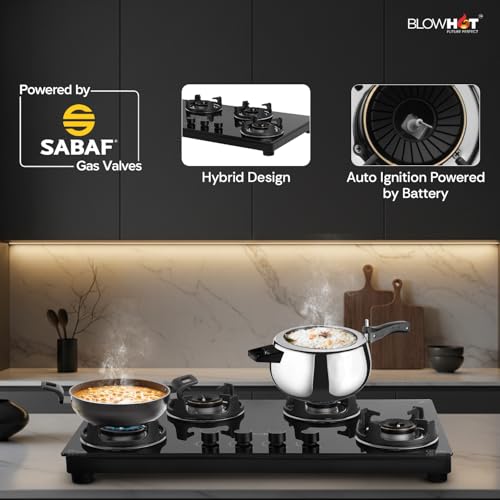 Image of BLOWHOT 4 Burner Auto Ignition PREMIUM Hybrid Gas Stove | Tornado Brass Burners | Stainless Steel Dip Tray | SABAF Gas Valve - Warranty | 10 Years on Product
