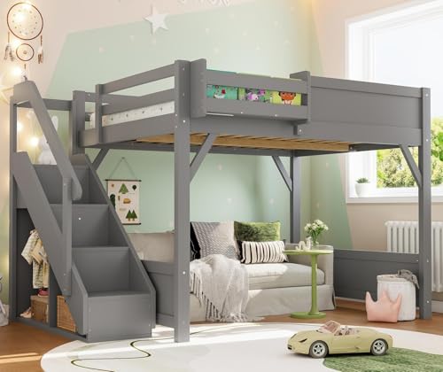 Image of KEIKI Solid Wood Full Size Loft Bed Frame with Stairs Built-in Wardrobe | Full Size Loft Bed with Storage Shelves, Full-length Guardrails, No Box Spring Needed for Bedroom, Dorm, Gery