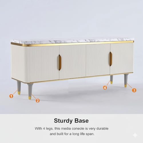 Image of Sonic Console Table, White Marble Top, Charcoal Louvers, Gold Accents, 66 x 15 x 22 Inch, Modern Entryway Storage Cabinet, Waterproof Plywood, PVD-Coated Legs, Elegant TV Unit