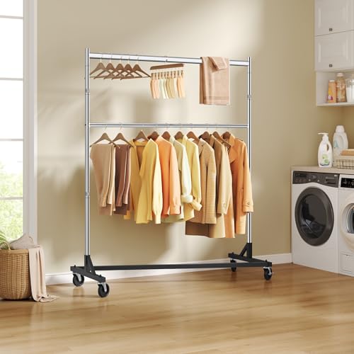 Image of Hoctieon Double Rod Z Rack, Set of 2,Rolling Clothes Racks with Z-Base, Adjustable Clothing Rack, Standing Clothes Rack, Metal Clothing Racks for Hanging Clothes, Portable Garment Rack, Chrome