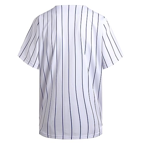 DEHANER White Baseball Jersey 80s 90s 00s Outfit for Men Women Hip Hop Party Button Down Up T-Shirt Outfits Navy Blue Pinstripe-White Jersey Size Small - Thumbnail 2