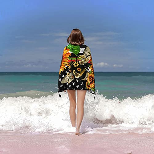 Zuxhvia Sunflower Bee Honey American Flag Beach Towel Us Flag Bath Towel Oversized Swim Shower Teens Blanket Portable Boat Sports Cloth #TOP6