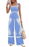 PRETTYGARDEN Womens Jumpsuit Casual One Piece Boho Summer Outfits Shirred Strap Wide Leg Long Pants Rompers With Pockets (Sky Blue White Flower, Large)