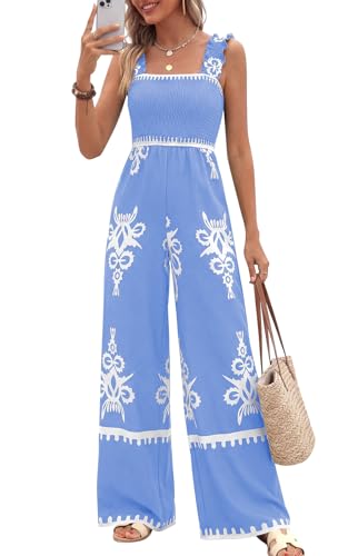 PRETTYGARDEN Womens Jumpsuit Casual One Piece Boho Summer Outfits Shirred Strap Wide Leg Long Pants Rompers With Pockets (Sky Blue White Flower Large)