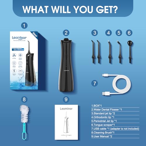 Leominor Water Dental Flosser - 5 Modes Cordless Portable Oral Irrigator, IPX7 Waterproof, Rechargeable Teeth Cleaner Upgrade Datchable Tank Professional Flossing Cleaning Pick for Home Travel (Black) image 8