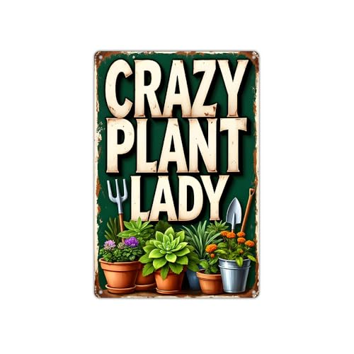 Funnysign Vintage Crazy Plant Lady Tin Sign, Funny Rustic Garden Wall Decor with Succulents & Potted Plants, Metal Wall Art for Patio, Porch, Greenhouse, Plant Room or Home, 8x12 Inch (9816)