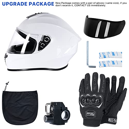 Full Face Motorcycle Street Bike Helmet With Motorcycle Gloves For Men And Women + 2 Visors Dot Model And Helmet Lock For Bmx Atv Mtb Riding, Road Racing, Cycling(Mh-White, Large) #TOP3