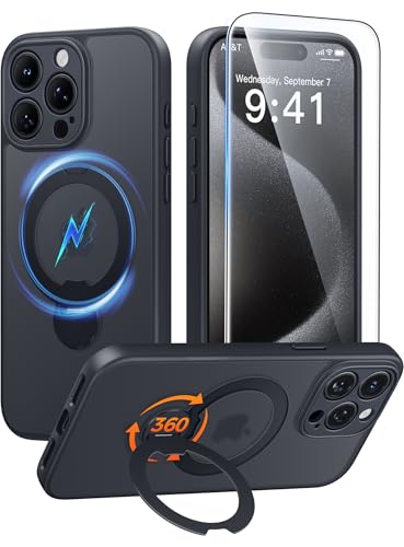FNTCASE for iPhone 15 Pro-Max Case: [360 Spin Magnetic Stand] [Compatible with Magsafe] [Screen Protector] Translucent Matte Military Grade Shockproof Full Camera Protective Phone Cover - Black
