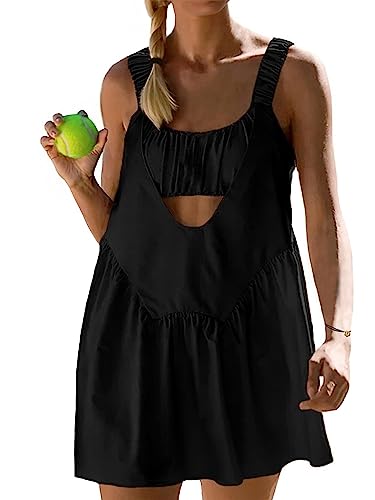 AnotherChill Womens Tennis Dress Built-in Bra & Matching Shorts Pockets Workout Dresses Athletic Outfits Cut Out Two Piece