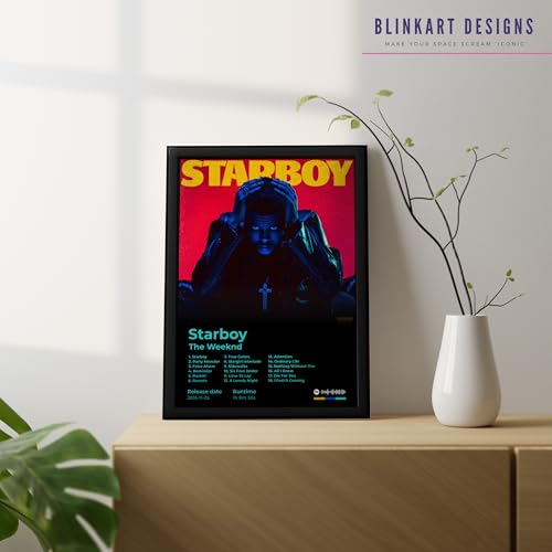 Image of BLINKART The Weekend - Star Boy Wall Photo Frames | Wall Art for Bedroom, Living Room, Studio or Office | Album Cover Print with Spotify Song Link QR Code | Gift for Fans and Music Lovers - 8x12 In