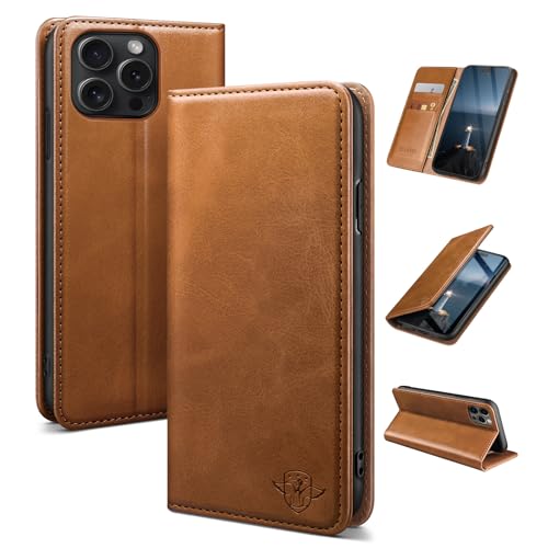 SUANDUCK for iPhone 16 Pro Max 6.9 mobile phone case magnetic leather flip case with RFID-blocking card compartment adjustable stand and 360 drop protection with Apple 16 Pro Max Light Brown