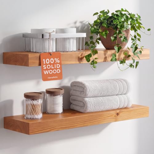 Homeforia 24 Inch Floating Shelves, High-End Solid Pine Wood, Set of 2 | Golden Oak Finish...