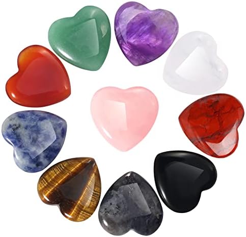 10PCS Heart Shape Crystals Healing Stones Heart Love Set Bulk Natural Amethyst Rose Quartz Carnelian Tiger Eye Clear Quartz Obsidian Labradorite Palm Gemstone Chakra Crystal Gifts