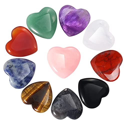 XIUQILAI 10PCS Natural Healing Crystals Stones Heart Love Set Bulk Amethyst Rose Quartz Carnelian Tiger Eye Clear Quartz Obsidian Labradorite Pocket Palm Thumb Gemstone Chakra Reiki Energy Balancing
