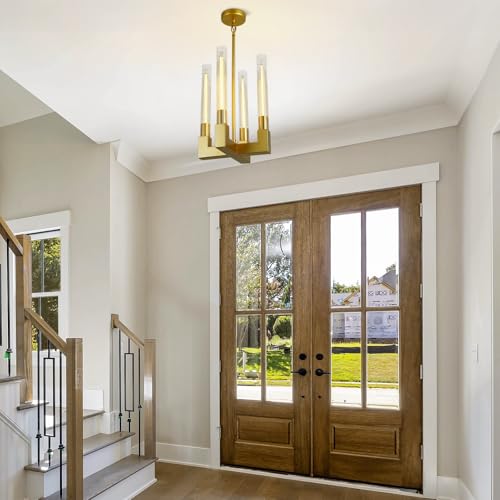 4-Light Chandelier,Glass Tube Brass Pendant Lights Kitchen Island,Modern Farmhouse Pendant Light,Gold Kitchen Pendant Lighting Over Island,Indoor Chandeliers for Dining Room,Bedroom,Entryway