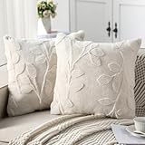 Breling Spring Leaf Jacquard Pillow Covers 18x18 Set of 2 Farmhouse Cream White Leaves Throw Pillowcases Soft Plush Faux Fur Couch Cushion Case for Chair Bed Bedroom Home Decor