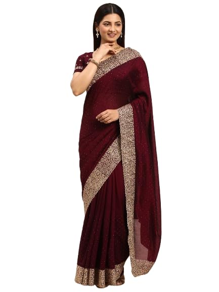 Kasee Women Wine Embellished Embroidered Designer Saree