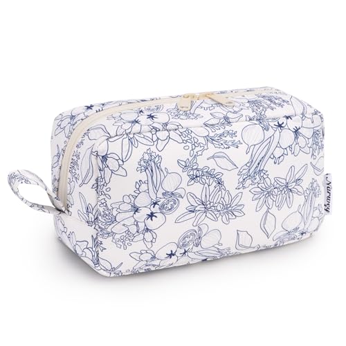 Image of Narwey Cute Makeup Bag Small Toiletry Bag Travel Cosmetic Bag Organizer Make Up Bags with Organized Pockets for Women (Navy Blue Flower, Large)