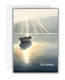 WBdesignz Kondolenzkarte „Du Fehlst.“ mit weißem Umschlag – Trauerkarte mit Bootsmotiv, See und Lichtstrahlen – Stilvolle Beileidskarte für Anteilnahme, Abschied und Trost - Beerdigung (DIN A6)