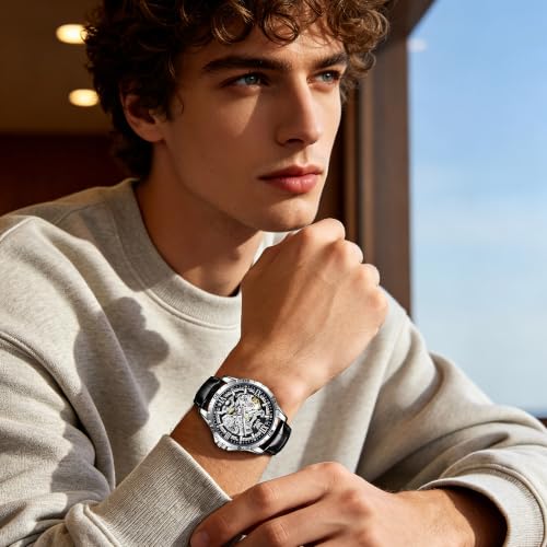 OPK Mens Automatic Skeleton Watch Blue Dial Black Dial Black - Image 6