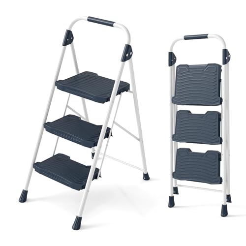 COSTWAY Escalera Plegable, Pasamanos Acolchado y Amplio Pedal Antideslizante, Escalera 3 Peldaños, Portátil Ligera, Carga 360 kg, Hogar Oficina Jardin (Azul)