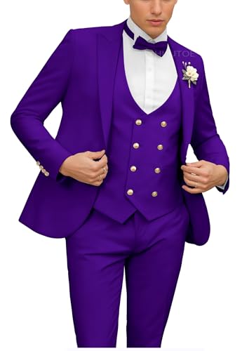 HUUTOE Mens 3 Piece Suit Purple Slim Fit Formal Wedding