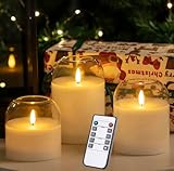 volnyus White Glass Flameless Candles Set of 3 (Φ 4" H 4" 5" 6") with Remote Battery Operated Flickering LED Pillar Candles Real Wax 3D Wick