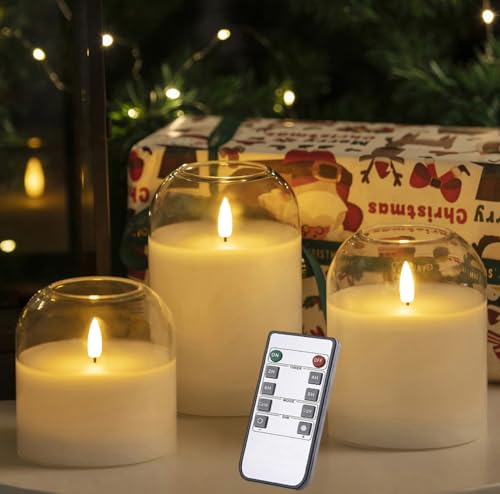 White Glass Flameless Candles Set of 3 ( 4" H 4" 5" 6") with Remote Battery Operated Flickering LED Pillar Candles Real Wax 3D Wick