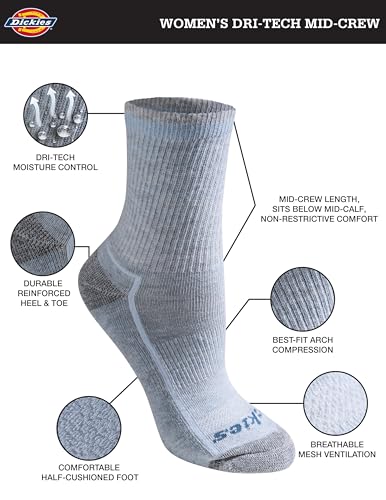 Dickies Women's Dri-Tech Advanced Moisture Wicking Mid-Crew Socks, Available in M-L (6, 12 Pairs)