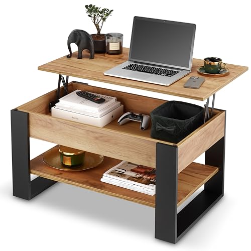 defiPad Table Basse Relevable avec Rangement – Table de Salon Moderne Industriel – Coffee Table avec Étagère et Compartiment Caché – Fabriquée en Europe – Plateau Réglable 45-61 cm (Noir + Chêne)