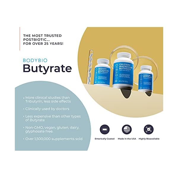 BodyBio Butyrate with Calcium & Magnesium - Supports Healthy Digestion, Gut & Microbiome - Leaky Gut Repair - Control Bloating - Fuel for Healthy Gut - 100 Capsules