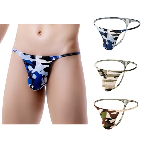 3 Pack Stunning Camo Men's Thong - Low Waist Camouflage G-String, Ultra-Slim Strap Breathable Comfort Underwear