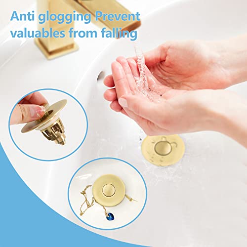 Gold Bathroom Sink Stopper，Pop Up Drain Stopper For Bathroom Sink，‎2-In-1 Sink Stopper & Strainer,Universal Wash Basin Sink Stopper，Suitable For 1.1"~1.5" Bathroom Sink Drain Pipe（Gold Matte Brushed） #TOP5