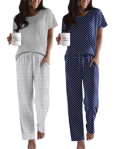Image of Ekouaer 2 Pack Pajamas for Women Set Short Sleeve Pj Top and Printed Pants | Soft PJs Cozy Printed Lounge Sets Comfy Sleepwear with Pockets