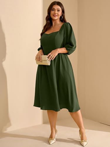 RWJ Plus Size Dress for Women Fall 3/4 Sleeve Sweetheart Neck Aline Casual Wedding Guest Formal Midi Dresses with Pockets4