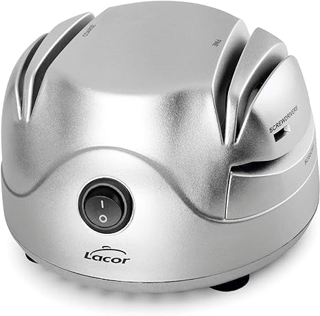 Suinga Afilador de Cuchillos Eléctrico, Cuatro ranuras con ventosa, Afila Cuchillos, Tijeras, Destornilladores, Seguro y fácil de usar, Potencia 60W, Pequeño y Compacto, 13x15x9cm, Plata