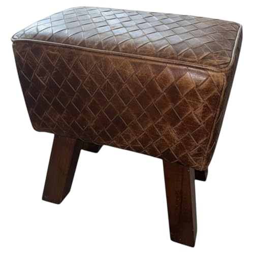 Vintage Patchwork Leather Footstool – Pommel Horse Inspired Design Stool with Multi-Coloured Upholstery, Solid Wood Legs for Living Room, Bedroom, Office, or Home Décor Accent (Rectangular Brown)