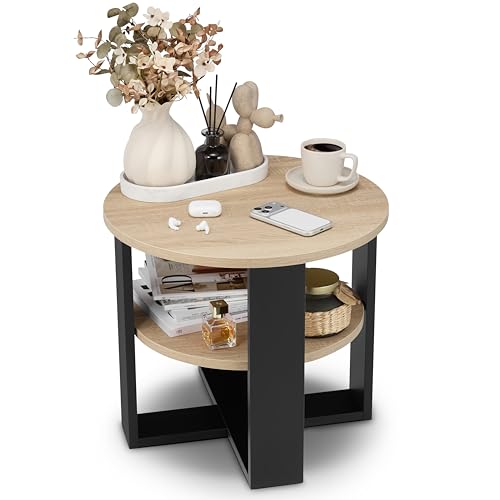 defiPad Table Basse Ronde Ø53 cm – Table d’appoint Bout de canapé avec étagère, 2 Niveaux, Meuble de Salon Moderne, Noir et chêne Sonoma, Design...