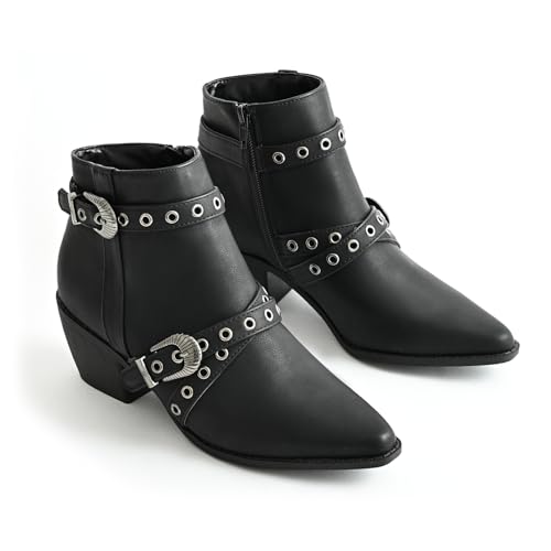 Ankle Boots for Women Chunky heels Booties with Side Zipper Eyelet Straps Almond Toe Short Boots,Black2