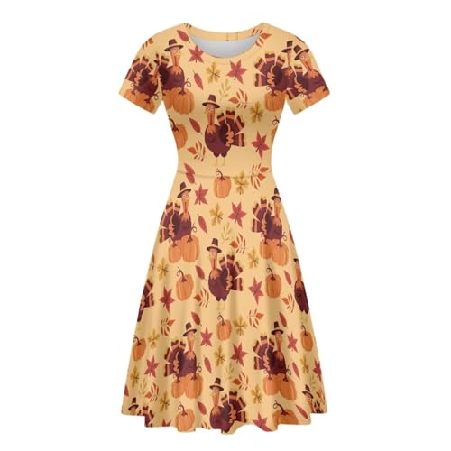 Image of Forchrinse Thanksgiving Turkey Dress for Women Fall Round Neck Midi Dresses Plus Size Short Sleeve Party Swing Sundress,S-4XL