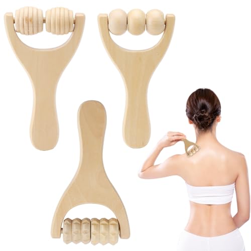 HENGBIRD Lot de 3 rouleaux de massage en bois pour fascias et muscles du dos, outils de massage manuels pour la thérapie du bois, avec poignée, pour détendre les muscles