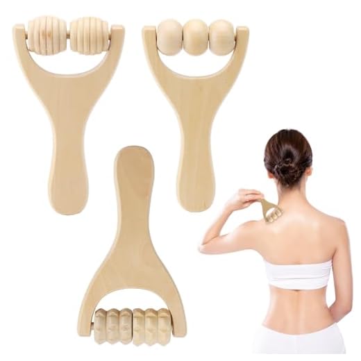 HENGBIRD Rodillo de Masaje de Madera para Espalda y Piernas - Herramienta de Terapia Manual con Mango - 3 Rodillos para Relajación y Fascia
