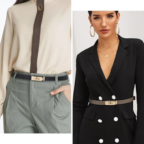 Image of Women's Fashion Classic Metal Buckle Leather Belt with Jeans Dress