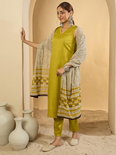 Image of INDO ERA Women's Straight Cotton Blend Solid Solid Kurta & Pant with Dupatta Set (IESTR10631)