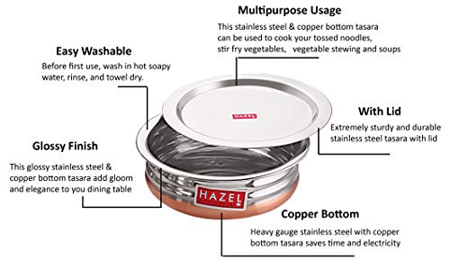 HAZEL Copper Bottom Uruli with Lid | Urli Vessel Cooking Stainless Steel (600 ML, 900 ML, 1200 ML)